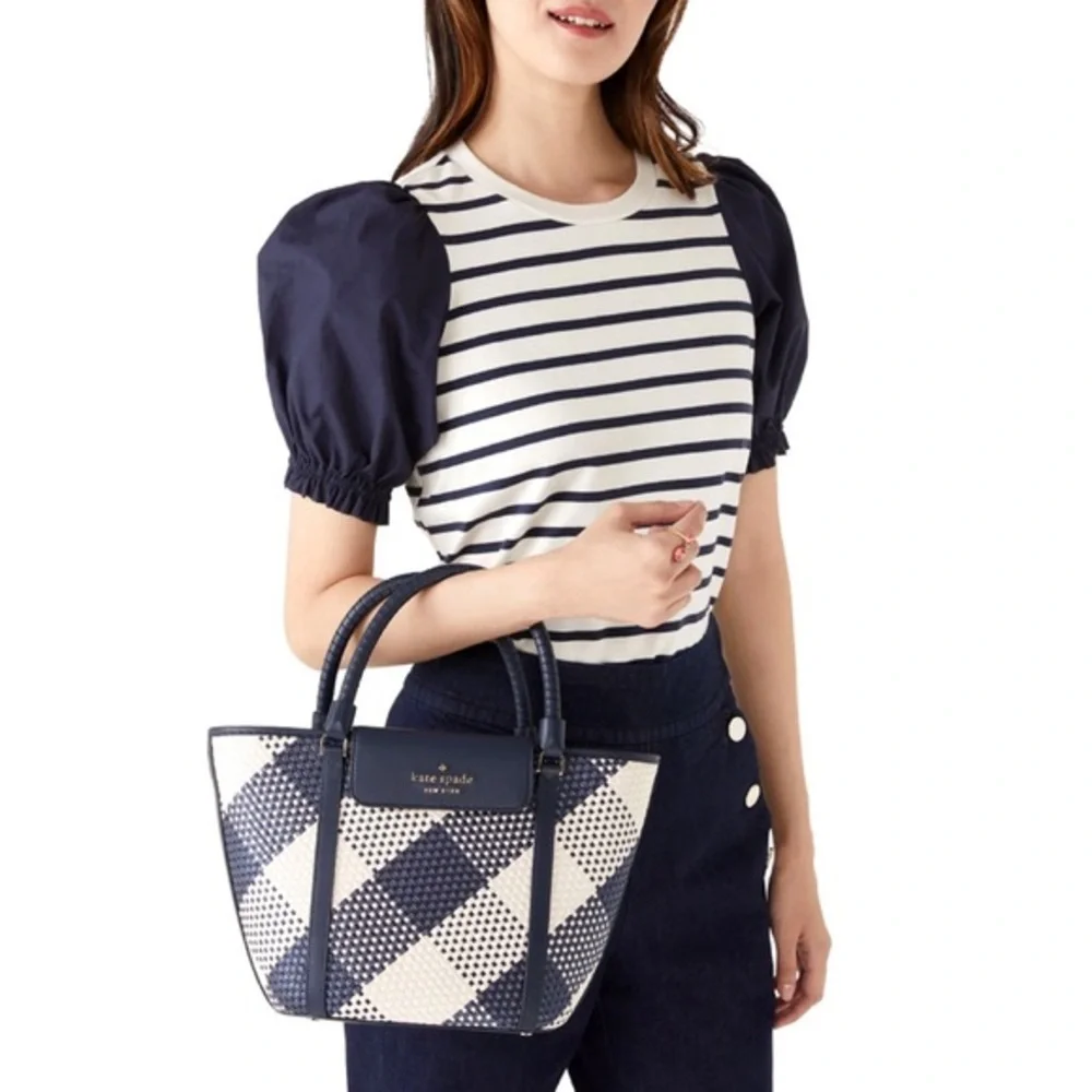 NWT KATE SPADE CRUISE GINGHAM MEDIUM TOTE BLAZER BLUE STRAW/LEATHER SHOULDER BAG
